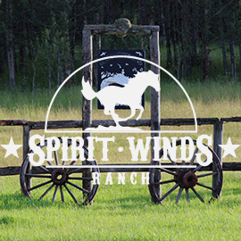 The Spirit Winds Ranch logo over a photo of the welcome sign at the ranch